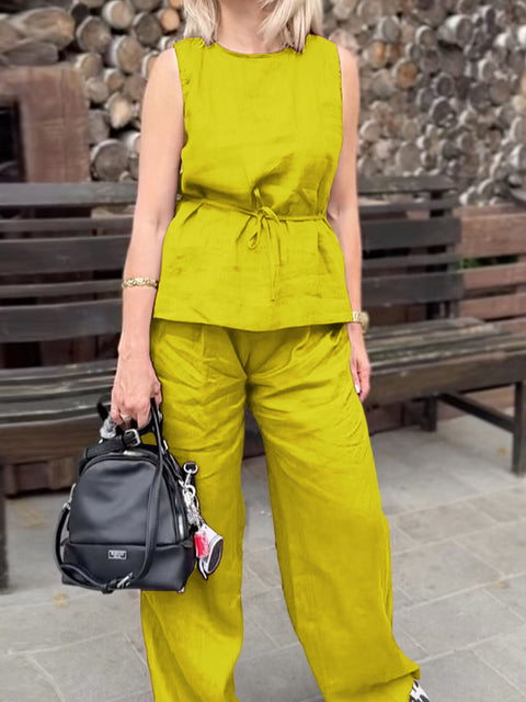 Women's Round Neck Sleeveless Solid Color Casual Cotton and Linen Vest Top with Elastic Waist Casual Cotton and Linen Wide-Leg Pants Set