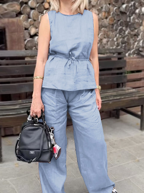 Women's Round Neck Sleeveless Solid Color Casual Cotton and Linen Vest Top with Elastic Waist Casual Cotton and Linen Wide-Leg Pants Set