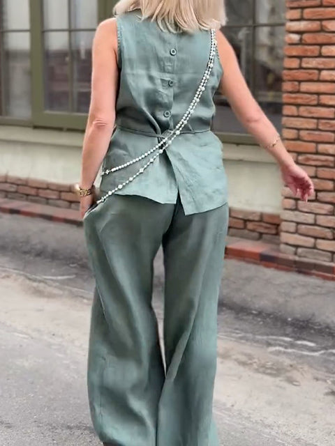 Women's Round Neck Sleeveless Solid Color Casual Cotton and Linen Vest Top with Elastic Waist Casual Cotton and Linen Wide-Leg Pants Set