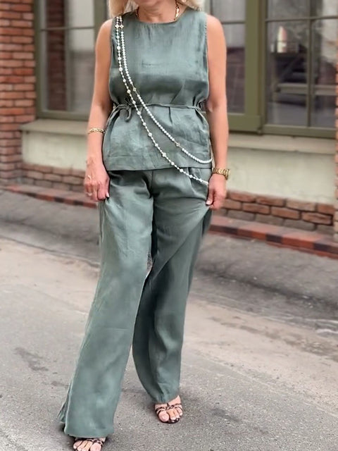 Women's Round Neck Sleeveless Solid Color Casual Cotton and Linen Vest Top with Elastic Waist Casual Cotton and Linen Wide-Leg Pants Set