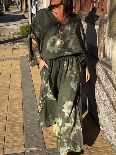 Women's Positioned Print V-Neck 3/4 Sleeve Casual Cotton and Linen Loose Top with Elastic Waist and Casual Cotton and Linen Wide-Leg Pants Set
