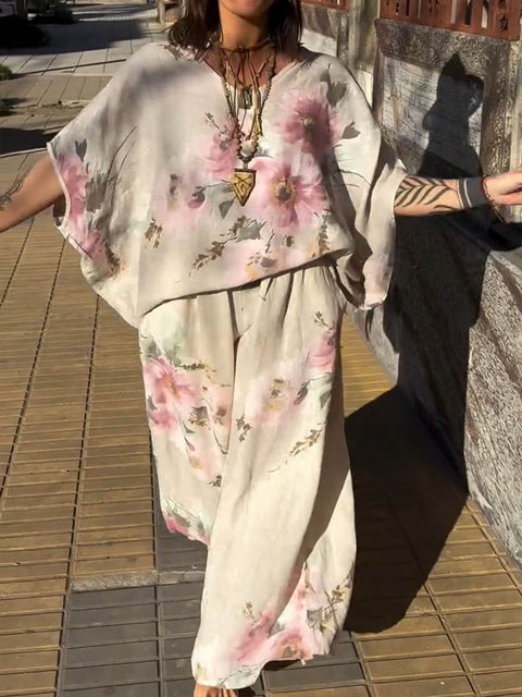 Women's Positioned Print V-Neck 3/4 Sleeve Casual Cotton and Linen Loose Top with Elastic Waist and Casual Cotton and Linen Wide-Leg Pants Set