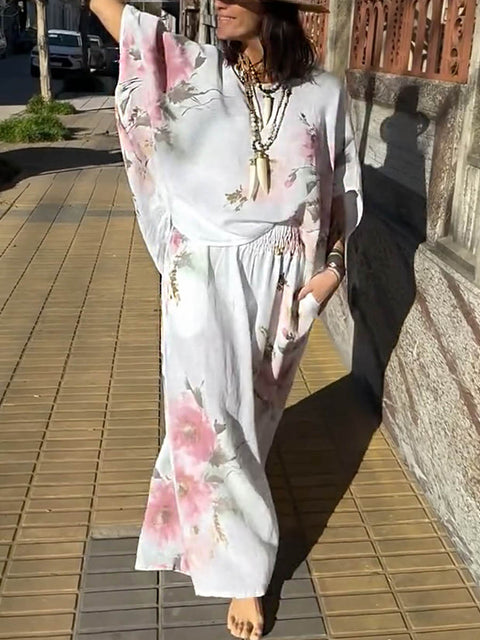 Women's Positioned Print V-Neck 3/4 Sleeve Casual Cotton and Linen Loose Top with Elastic Waist and Casual Cotton and Linen Wide-Leg Pants Set