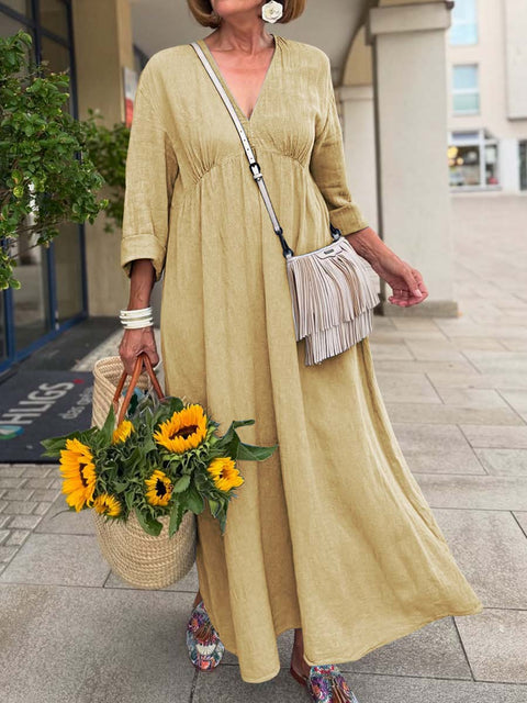 Women's Solid Color V-Neck 3/4 Sleeve Casual Cotton and Linen Loose Dress