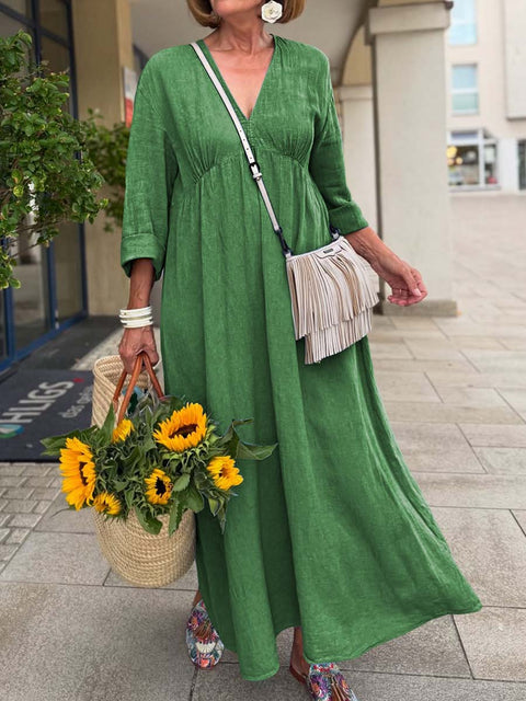 Women's Solid Color V-Neck 3/4 Sleeve Casual Cotton and Linen Loose Dress