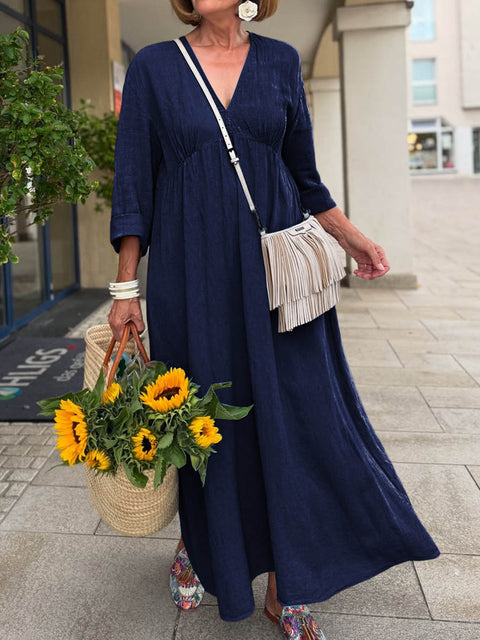 Women's Solid Color V-Neck 3/4 Sleeve Casual Cotton and Linen Loose Dress