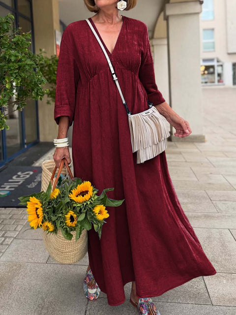 Women's Solid Color V-Neck 3/4 Sleeve Casual Cotton and Linen Loose Dress