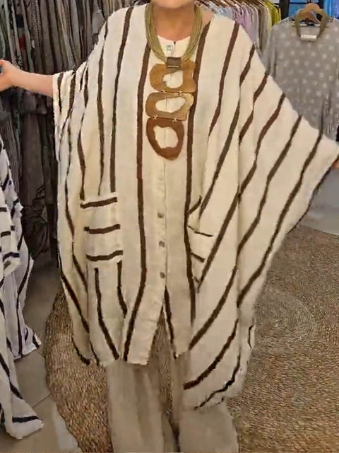 Women's Round Neck 3/4 Sleeve Striped Print Casual Cotton and Linen Cardigan Top