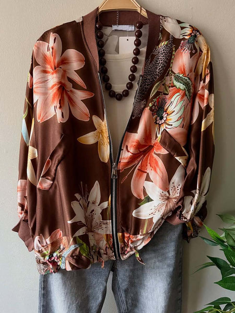 Women's Stand Collar Long Sleeve Casual Loose Retro Printed Baseball Jacket