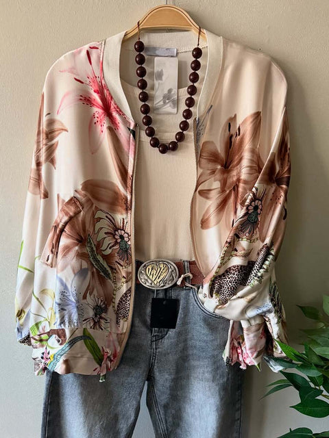 Women's Stand Collar Long Sleeve Casual Loose Retro Printed Baseball Jacket