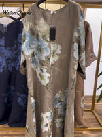 Women's V-neck Long Sleeve Casual Loose Retro Printed Cotton and Linen Dress