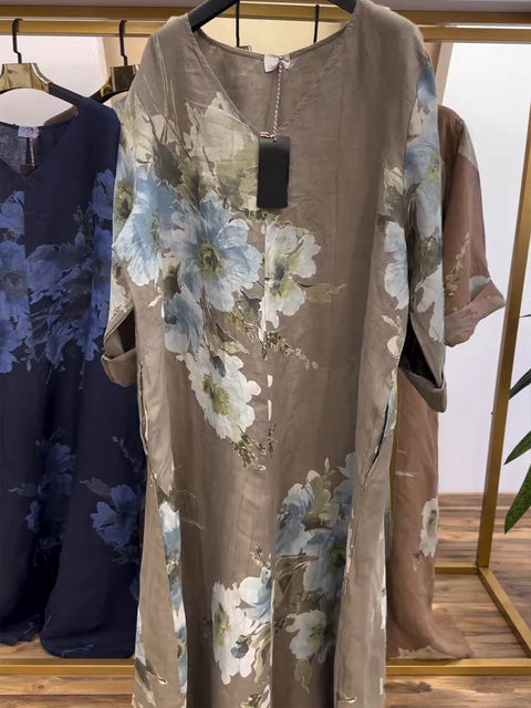 Women's V-neck Long Sleeve Casual Loose Retro Printed Cotton and Linen Dress