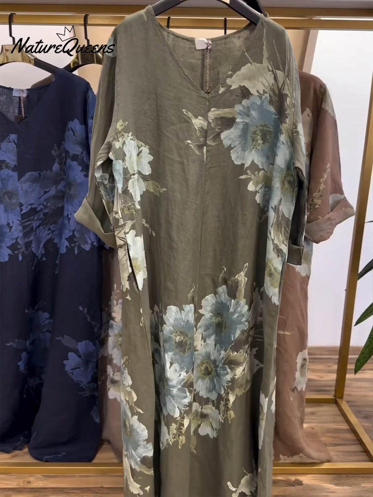 Women's V-neck Long Sleeve Casual Loose Retro Printed Cotton and Linen Dress