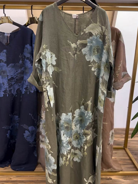 Women's V-neck Long Sleeve Casual Loose Retro Printed Cotton and Linen Dress