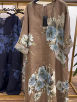 Women's V-neck Long Sleeve Casual Loose Retro Printed Cotton and Linen Dress