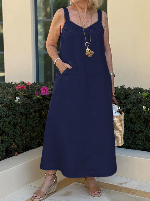 Women's Solid Color V-Neck Sleeveless Casual Linen Suspender Dress