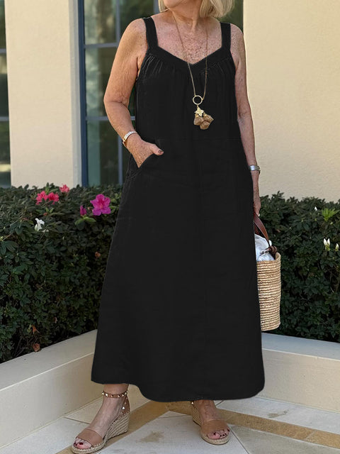 Women's Solid Color V-Neck Sleeveless Casual Linen Suspender Dress