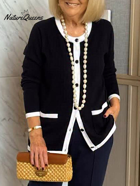 Women's Round Neck Long Sleeve Contrast Color Stitching Casual Loose Cardigan Sweater