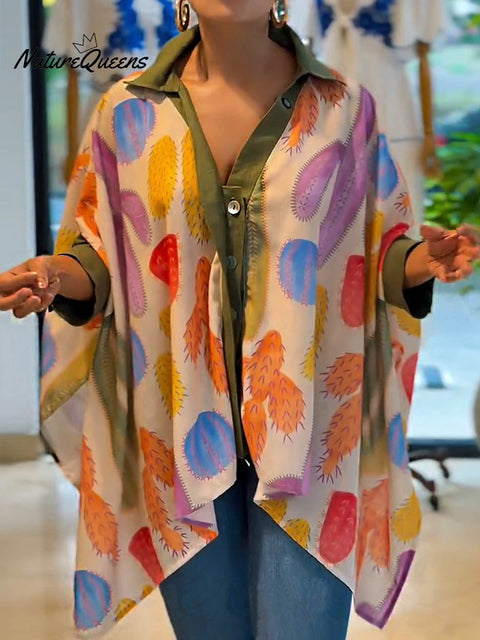 Women's Lapel 3/4 Sleeve Contrast Printed Casual Loose Shirt