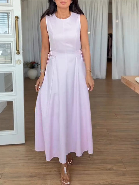 Women's Solid Color Round Neck Sleeveless Casual Cotton and Linen Vest Dress