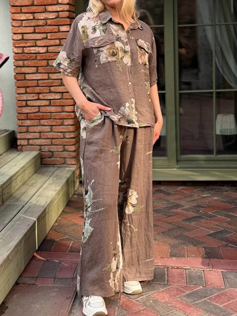 Women's Retro Positioning Print Lapel Short Sleeve Casual Cotton and Linen Shirt Elastic Waist Casual Cotton and Linen Wide Leg Pants Set