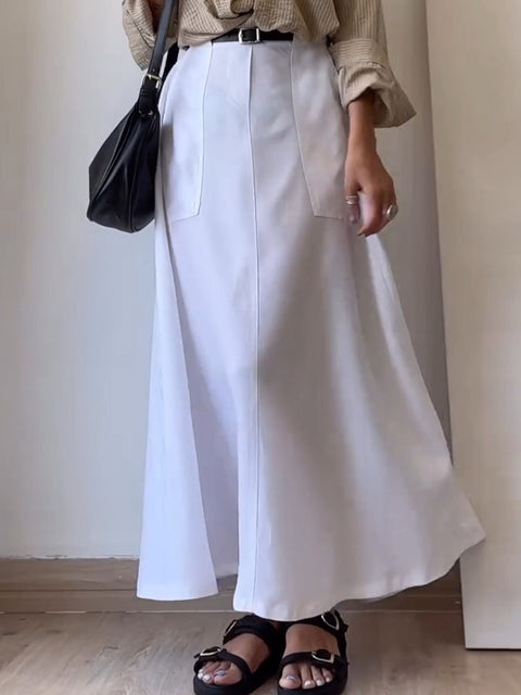 Women's Solid Color High Waist Casual Pocket Cotton Skirt