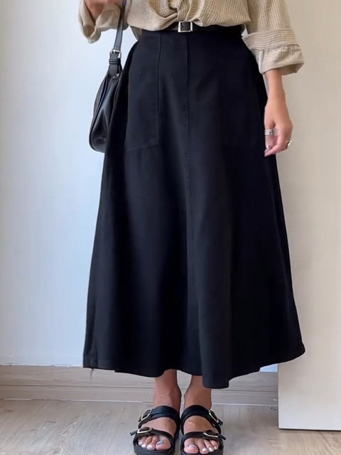 Women's Solid Color High Waist Casual Pocket Cotton Skirt