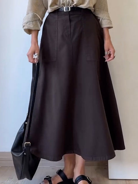 Women's Solid Color High Waist Casual Pocket Cotton Skirt