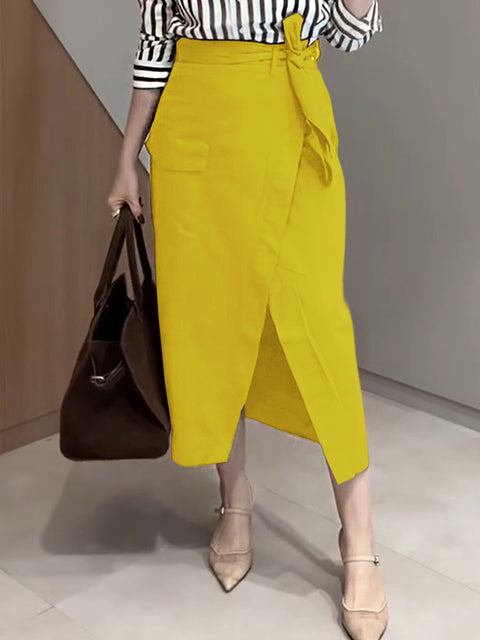 Women's Solid Color High Waist Casual Tie Pocket Cotton Skirt