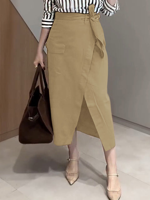 Women's Solid Color High Waist Casual Tie Pocket Cotton Skirt