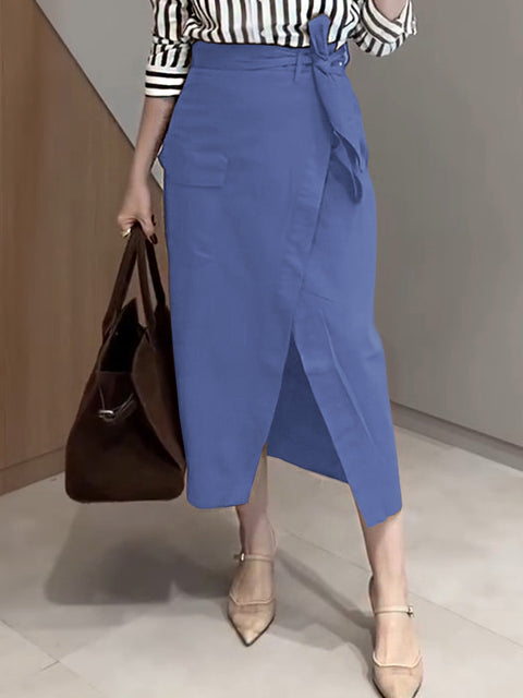 Women's Solid Color High Waist Casual Tie Pocket Cotton Skirt