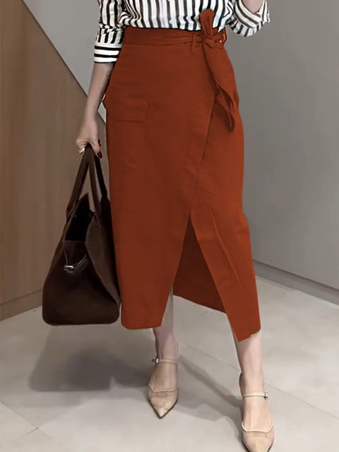 Women's Solid Color High Waist Casual Tie Pocket Cotton Skirt