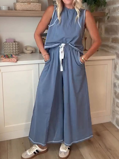 Women's Solid Color Round Neck Sleeveless Casual Cotton and Linen Top with Elastic Waist Casual Cotton and Linen Wide-Leg Pants Set