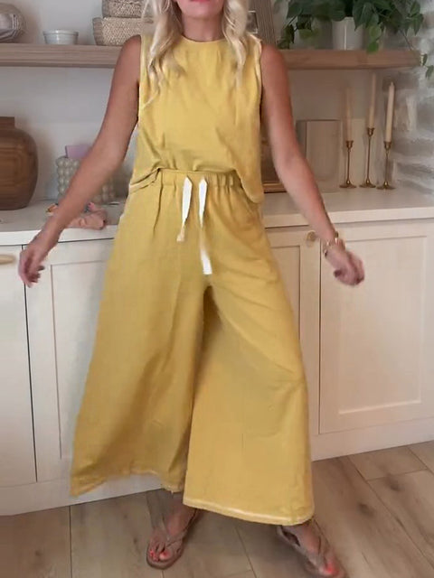 Women's Solid Color Round Neck Sleeveless Casual Cotton and Linen Top with Elastic Waist Casual Cotton and Linen Wide-Leg Pants Set