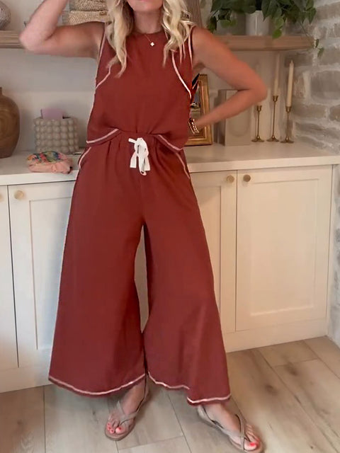 Women's Solid Color Round Neck Sleeveless Casual Cotton and Linen Top with Elastic Waist Casual Cotton and Linen Wide-Leg Pants Set