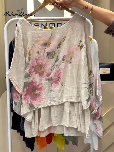 Women's Positioned Printed Round Neck Short Sleeve Casual Cotton and Linen Top