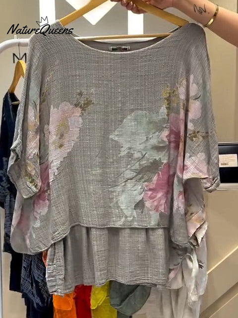 Women's Positioned Printed Round Neck Short Sleeve Casual Cotton and Linen Top