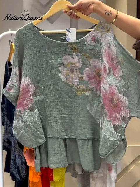 Women's Positioned Printed Round Neck Short Sleeve Casual Cotton and Linen Top