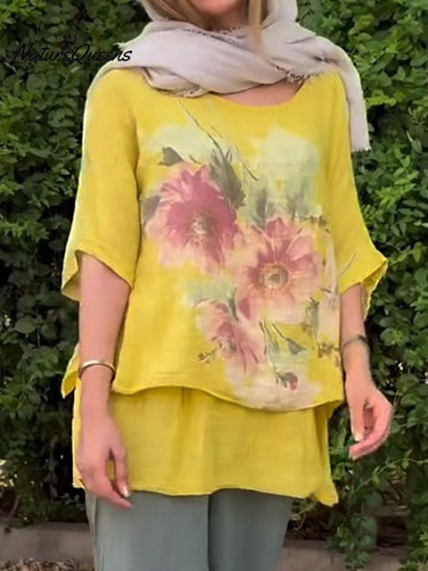 Women's Positioned Printed Round Neck Short Sleeve Casual Cotton and Linen Top