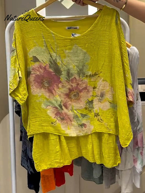 Women's Positioned Printed Round Neck Short Sleeve Casual Cotton and Linen Top