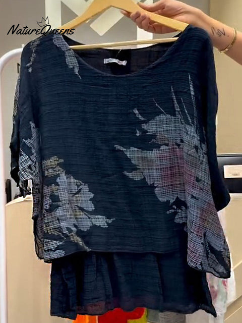 Women's Positioned Printed Round Neck Short Sleeve Casual Cotton and Linen Top
