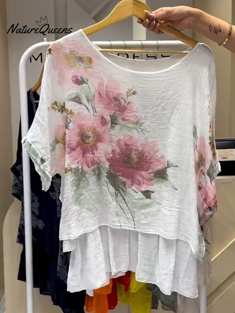 Women's Positioned Printed Round Neck Short Sleeve Casual Cotton and Linen Top