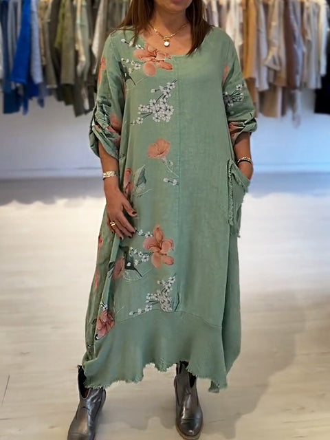 Women's Round Neck Long Sleeve Positioned Printed Casual Pocket Cotton and Linen Dress