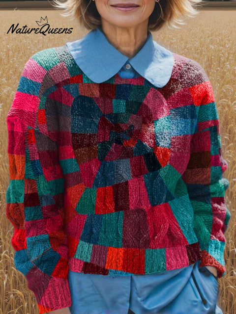 Women's Crew Neck Long Sleeve Abstract Print Sweater