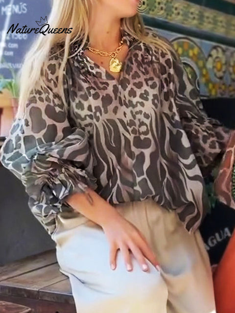 Women's V-neck Long Sleeve Abstract Print Casual Loose Top