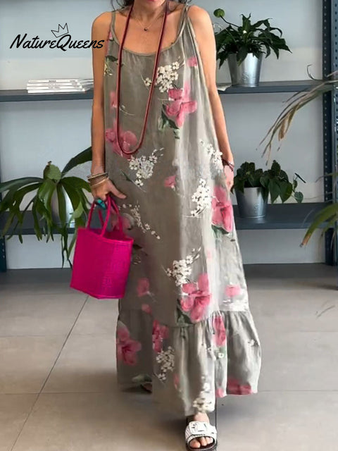 Women's Round Neck Sleeveless Retro Floral Print Casual Loose Cotton and Linen Slip Dress