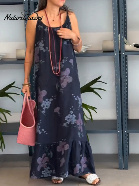 Women's Round Neck Sleeveless Retro Floral Print Casual Loose Cotton and Linen Slip Dress