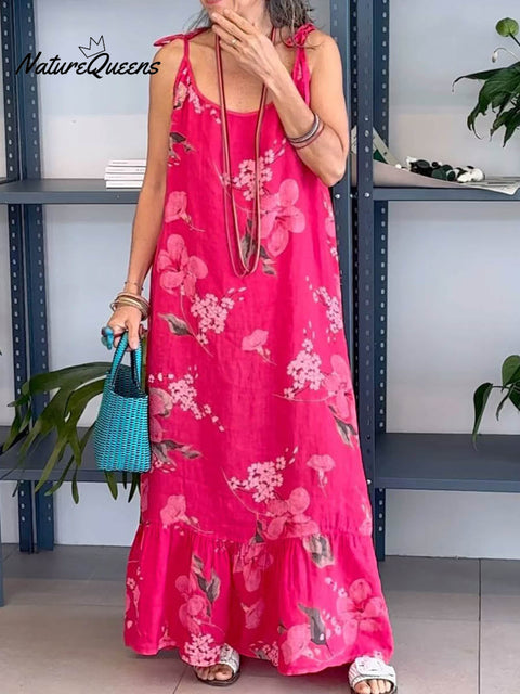 Women's Round Neck Sleeveless Retro Floral Print Casual Loose Cotton and Linen Slip Dress