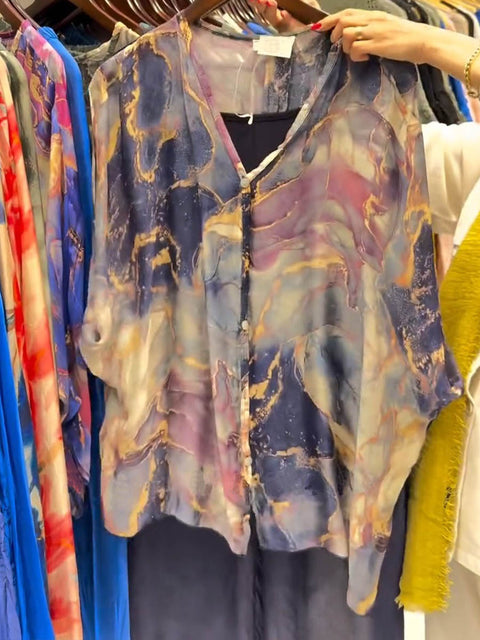 Women's Abstract Print V-Neck 3/4 Sleeve Casual Loose Cardigan Top Elastic Waist Solid Color Wide-Leg Pants Set