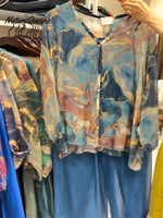 Women's Abstract Print V-Neck 3/4 Sleeve Casual Loose Cardigan Top Elastic Waist Solid Color Wide-Leg Pants Set